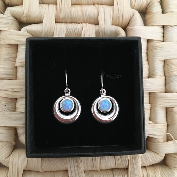 Delightfully Dainty Double Circle Drop Earrings with Faux Opal Centres