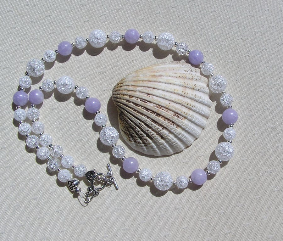Crackled Clear Quartz & Blue Angelite Gemstone Beaded Statement Necklace
