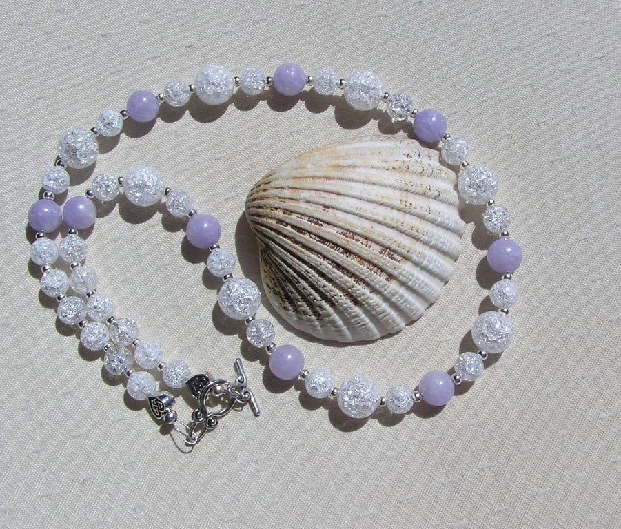 Crackled Clear Quartz & Blue Angelite Gemstone Beaded Statement Necklace