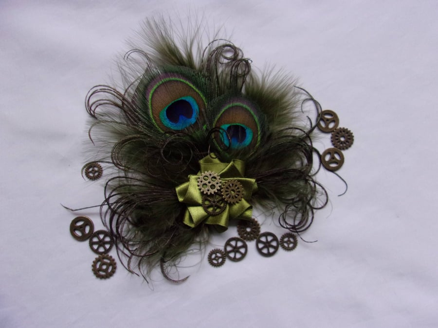 Olive Green Steampunk Peacock Feather Hair Clip Fascinator