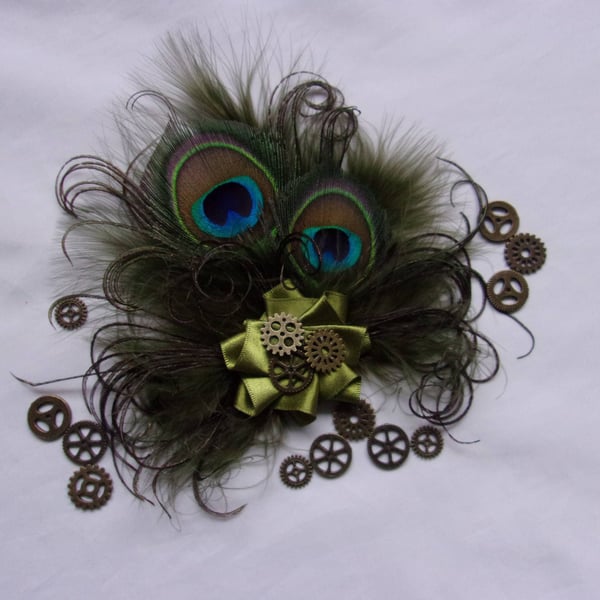 Olive Green Steampunk Peacock Feather Hair Clip Fascinator