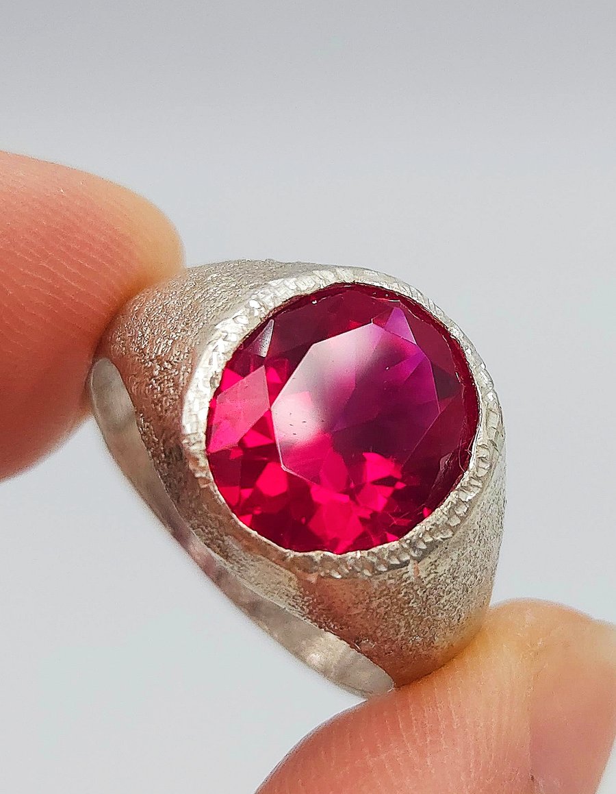 Textured Sterling Silver Ruby Signet Ring - July Birthstone - Size Q