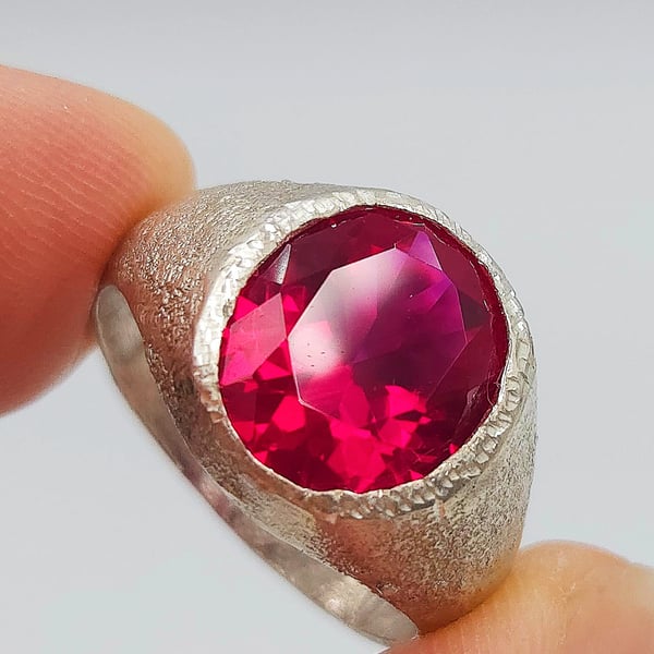 Textured Sterling Silver Ruby Signet Ring - July Birthstone - Size Q