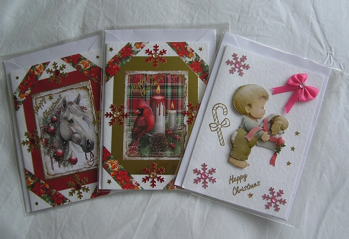 Set of 3 (Three) Beautiful Hand-Crafted Christmas Decoupage Greeting Cards (f)