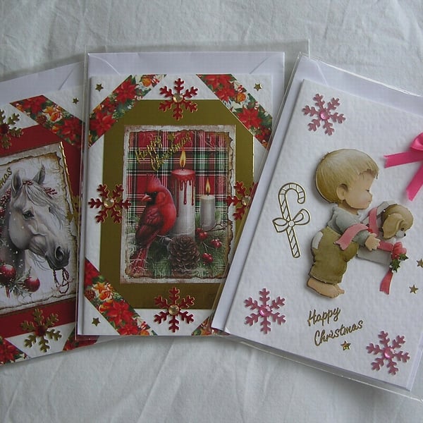 Set of 3 (Three) Beautiful Hand-Crafted Christmas Decoupage Greeting Cards (f)