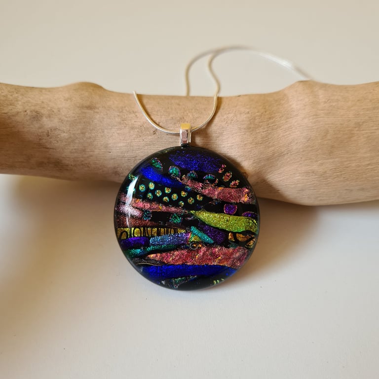 Large, round 'patchwork' fused glass pendant