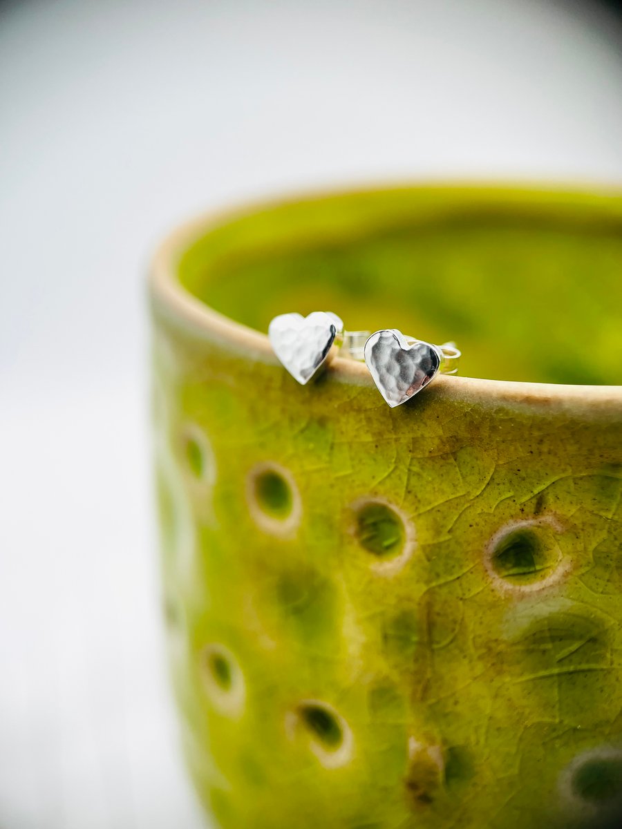 Sterling Silver Hammered Heart Stud Earrings