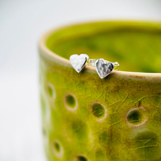Sterling Silver Hammered Heart Stud Earrings