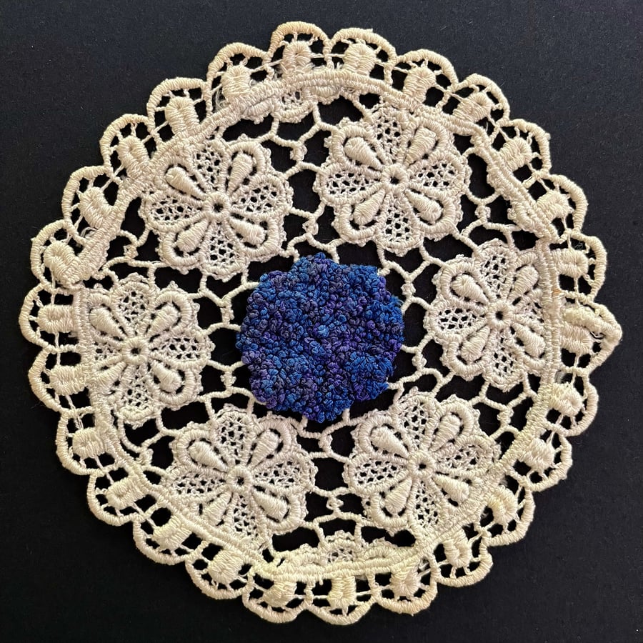 Hand stitched vintage doily embroidery art