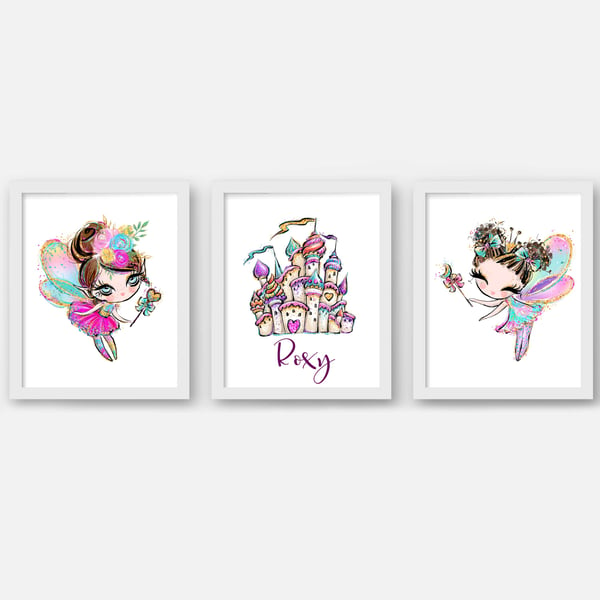 Fairy nursery prints, Brunette Fairy girls room wall decor, fairy castle print
