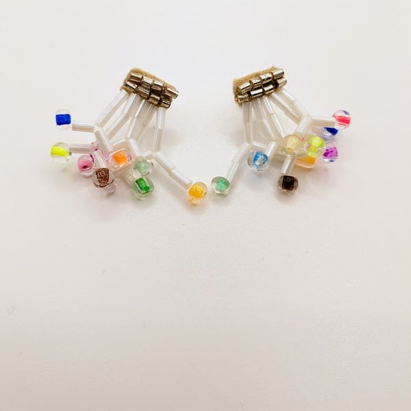 A fun funky quirky hand made white glass bead coral stud boho festival earrings