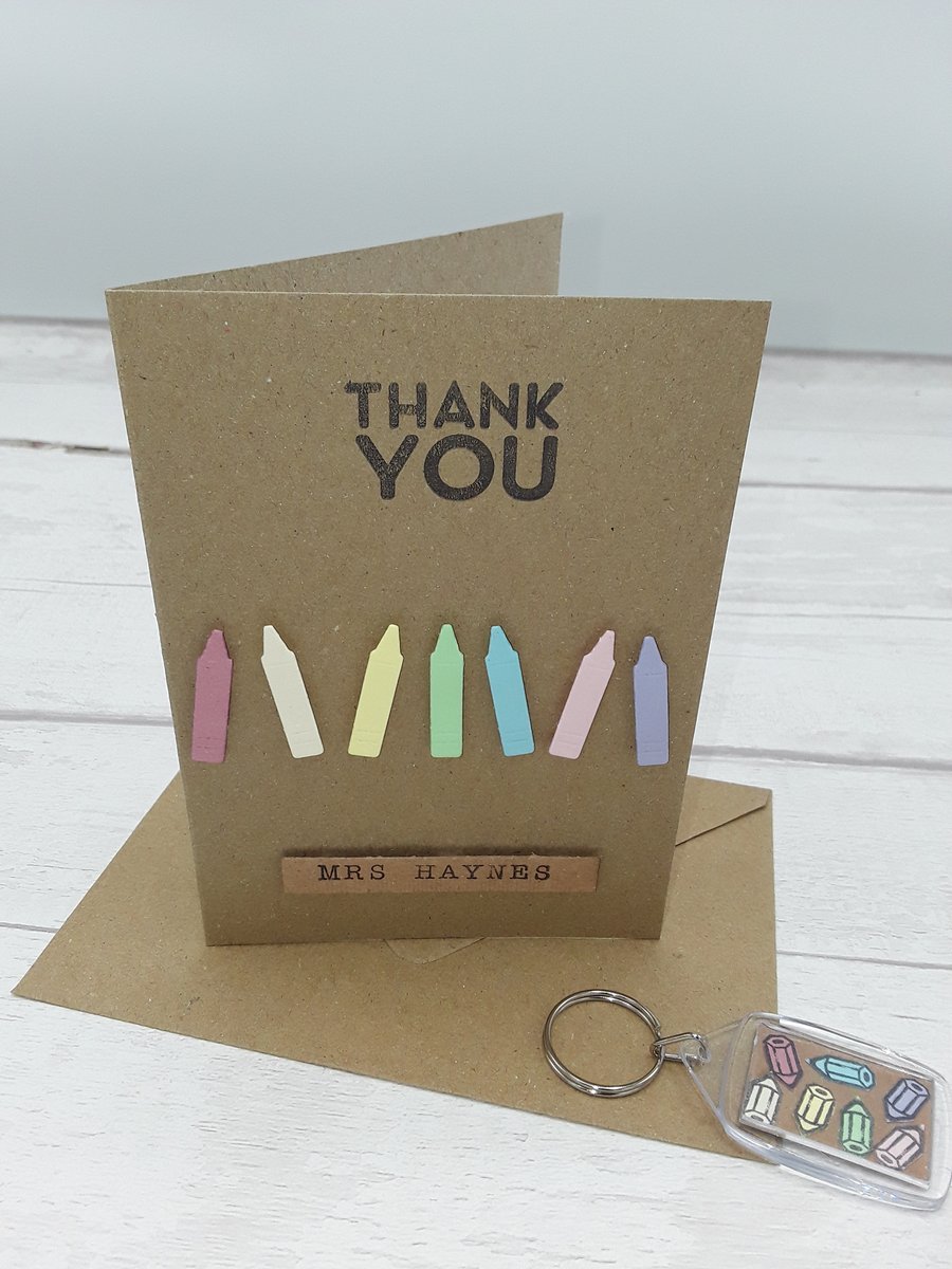 Teacher thank you card and gift. Personalised card and personalised key ring.