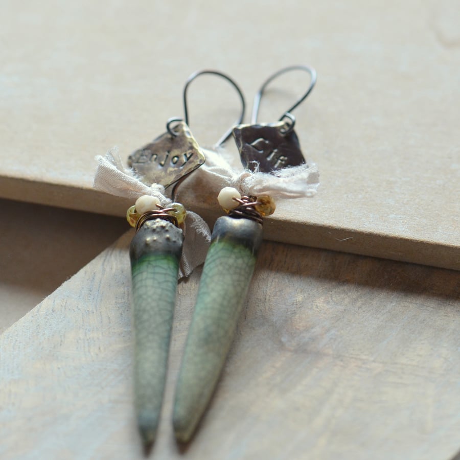 Enjoy Life Earrings with Ceramic Green Drops, Ribbon & Brass Charms