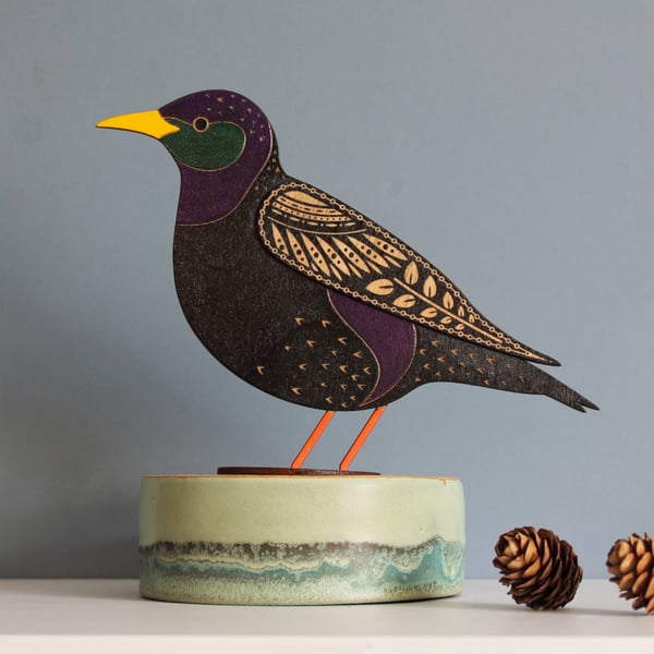 Standing Wooden Starling Decoration - Hand Painted
