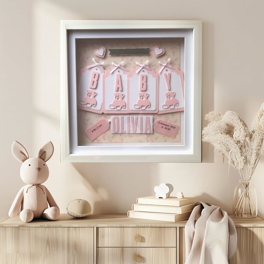 Personalized New Baby Shadow Box Frame: Pink Bear Theme