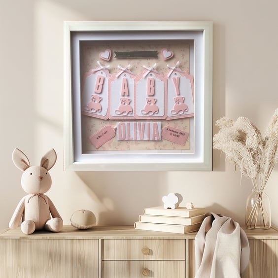 Personalized New Baby Shadow Box Frame: Pink Bear Theme