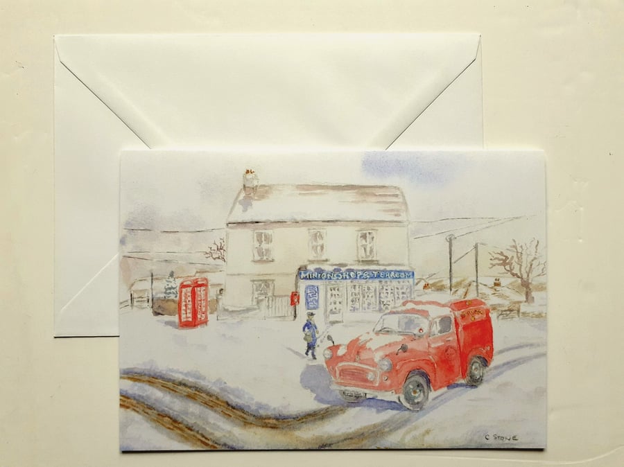 Greetings card Morris Minor mail van Bodmin Moor Cornwall winter scene