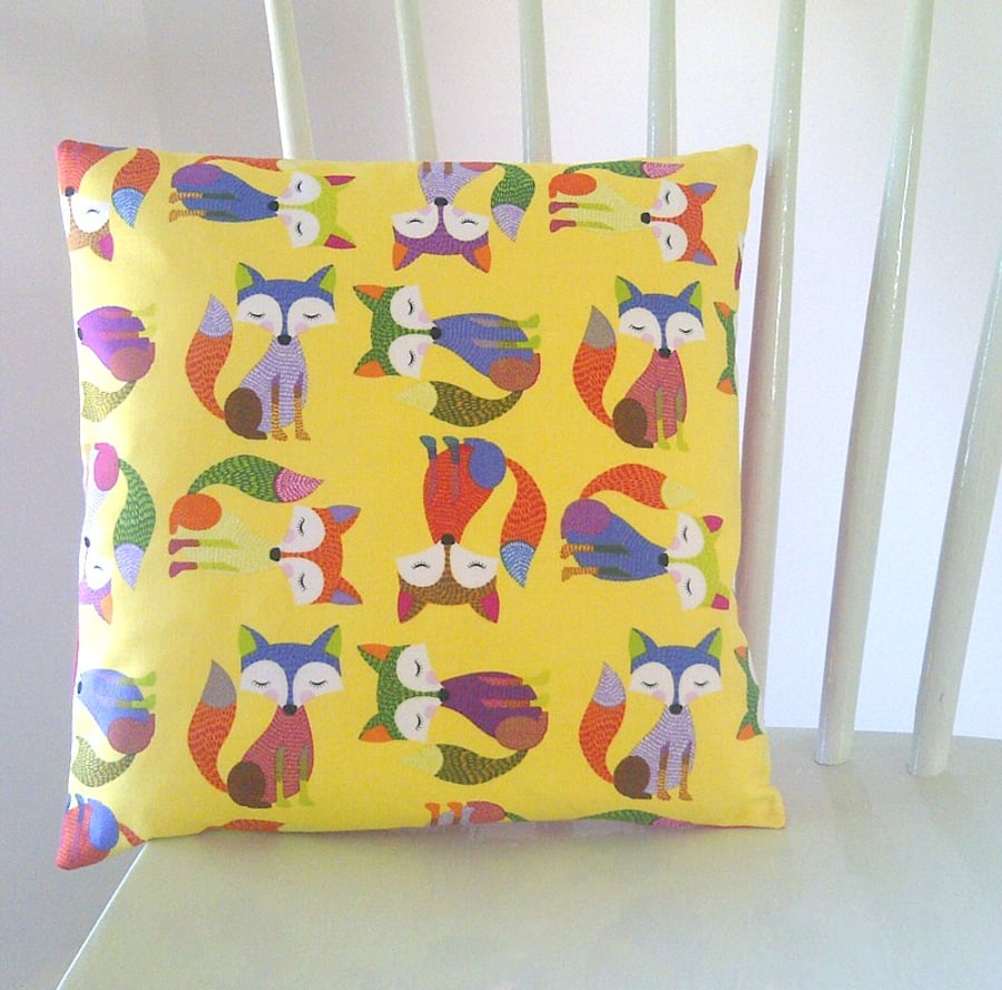 Retro Yellow Fox Cushion, Small Complete Cushion for a Nursery or Child Bedroom 