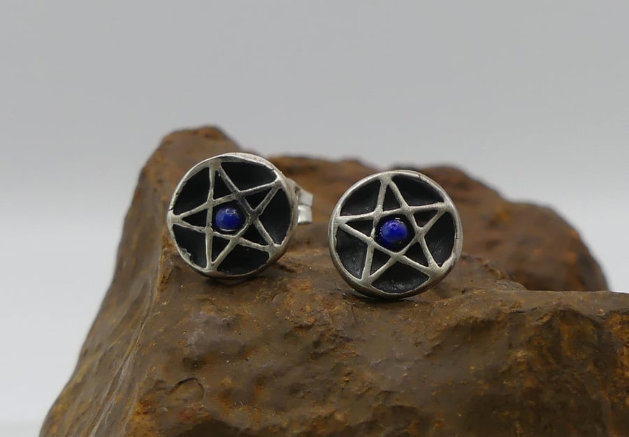 Recycled Sterling Silver Pentacle Stud Earrings with 2mm Lapis Lazuli Gemstones.