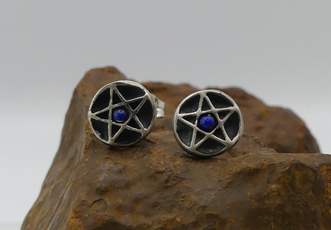 Recycled Sterling Silver Pentacle Stud Earrings with 2mm Lapis Lazuli Gemstones.