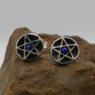 Recycled Sterling Silver Pentacle Stud Earrings with 2mm Lapis Lazuli Gemstones.