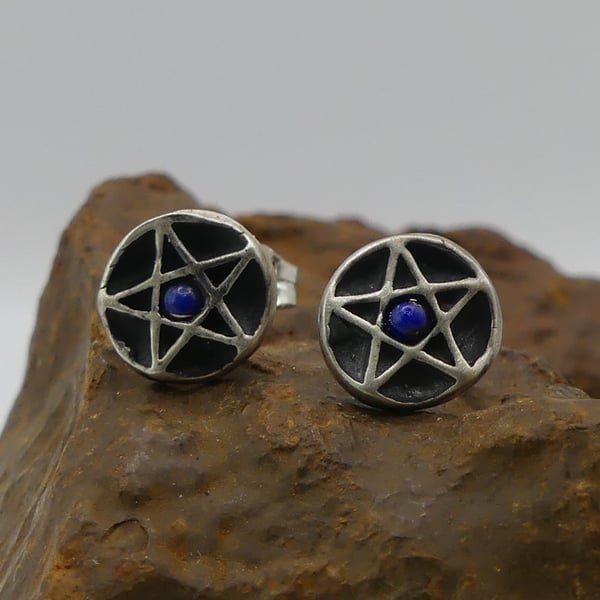 Recycled Sterling Silver Pentacle Stud Earrings with 2mm Lapis Lazuli Gemstones.