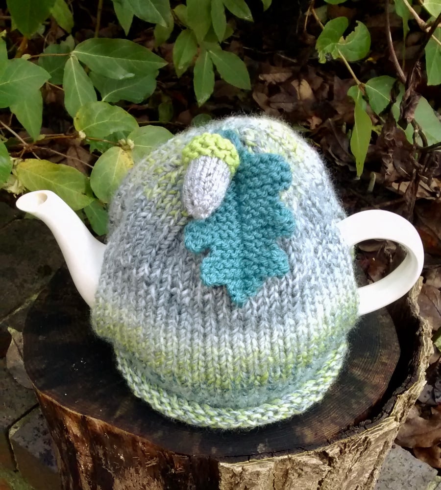 Teal and Grey Tea Cosy with Oak Leaf and Acorn, Autumn Teacosy