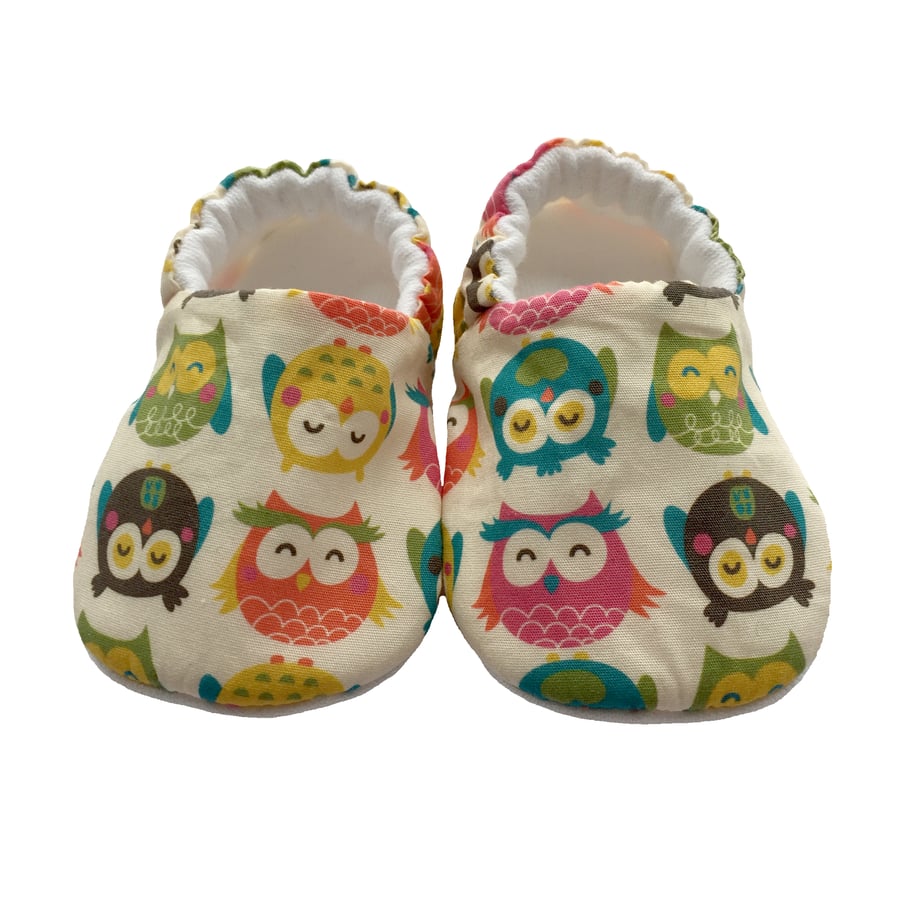 Scandi Owls Shoes Organic Moccasins Kids Slippers Pram Shoes Gift Idea 0-9Y