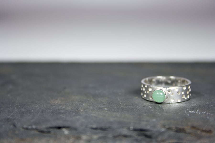 Handmade Silver Ring with Drilled Hole Pattern and 5mm Aventurine Gemstone
