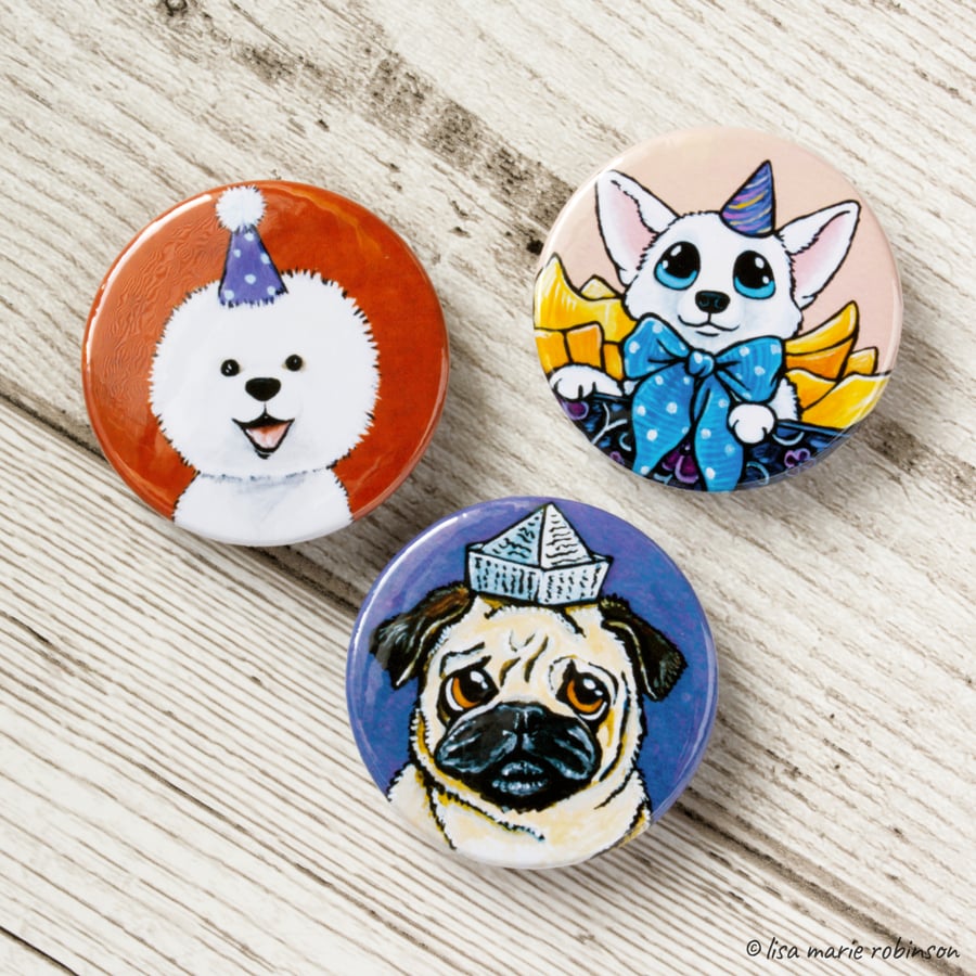 Dogs Wearing Hats 38mm Button Badges - Pack of 3