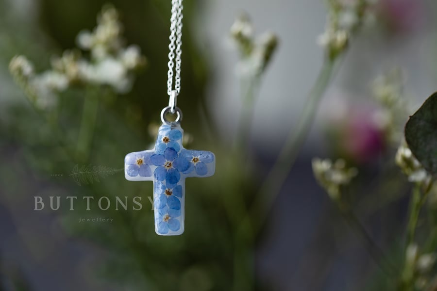 Real Flower Forget me Not Christian Cross Neckl... - Folksy