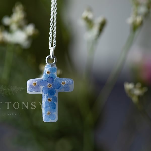 Real Flower Forget me Not Christian Cross Necklace - Sterling Silver