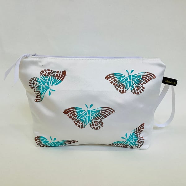 White Butterfly Duchess Satin Makeup Bag