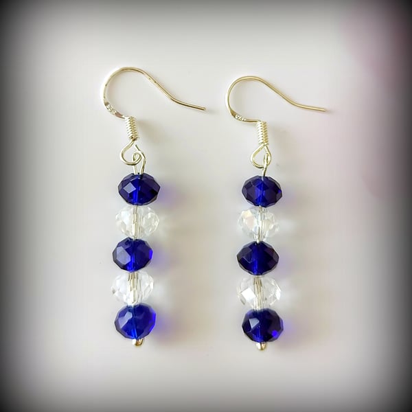 Sapphire Blue & Clear Crystal Dangle Earrings on Sterling Silver Hooks, Gift Box