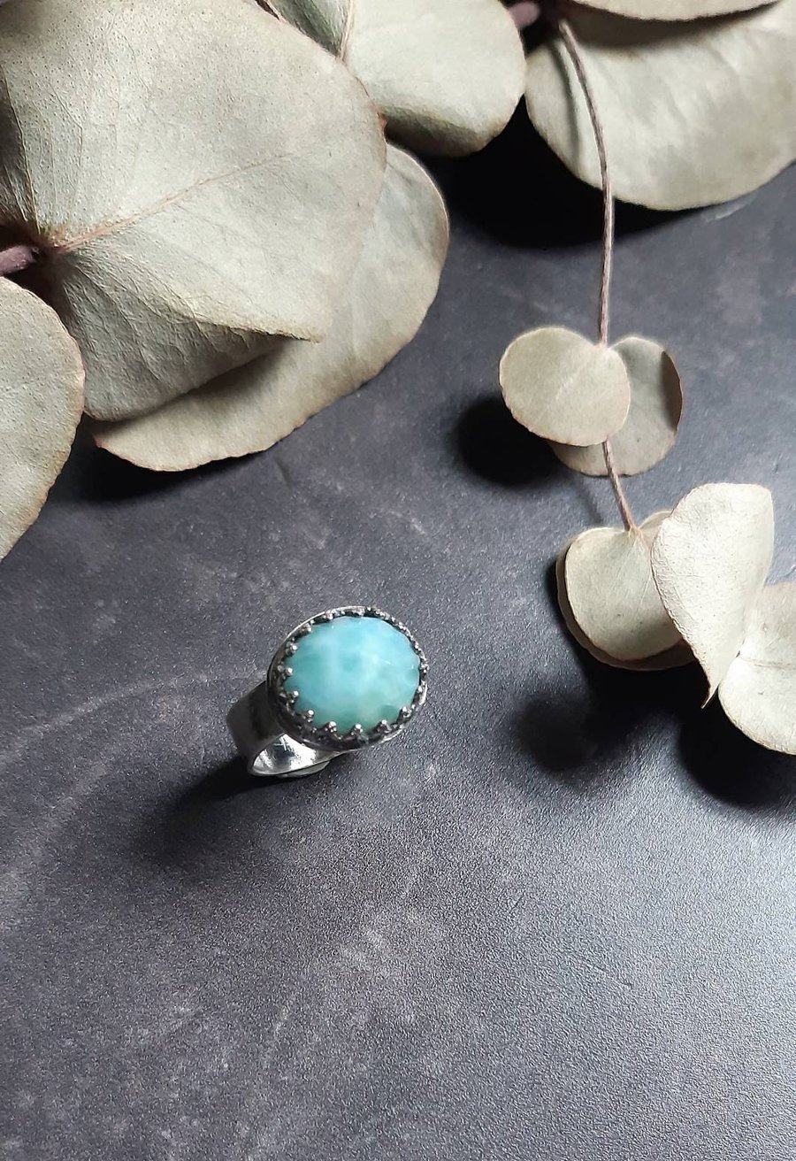 Larimar sterling silver ring,star stamped ring, blue ring, silver larimar jewell