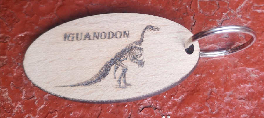 Homemade wooden Iguanodon keyring