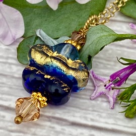 Blue and gold Flower Necklace. Venetian Murano Glass Daisy Pendant