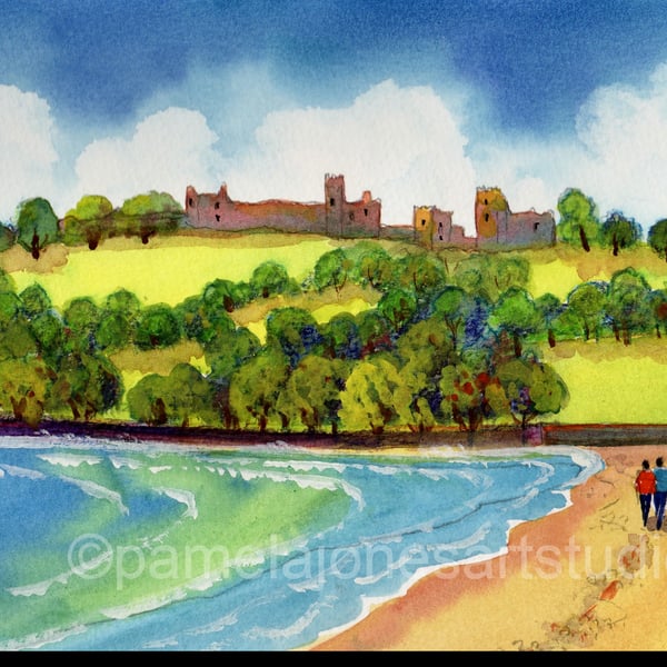 Watercolour Print ::  Llanstephan Castle, and Beach, in 14 x 11'' Mount.