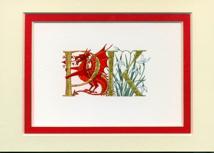 23c gold leaf letters with red dragon and snowdrops handmade wedding gift