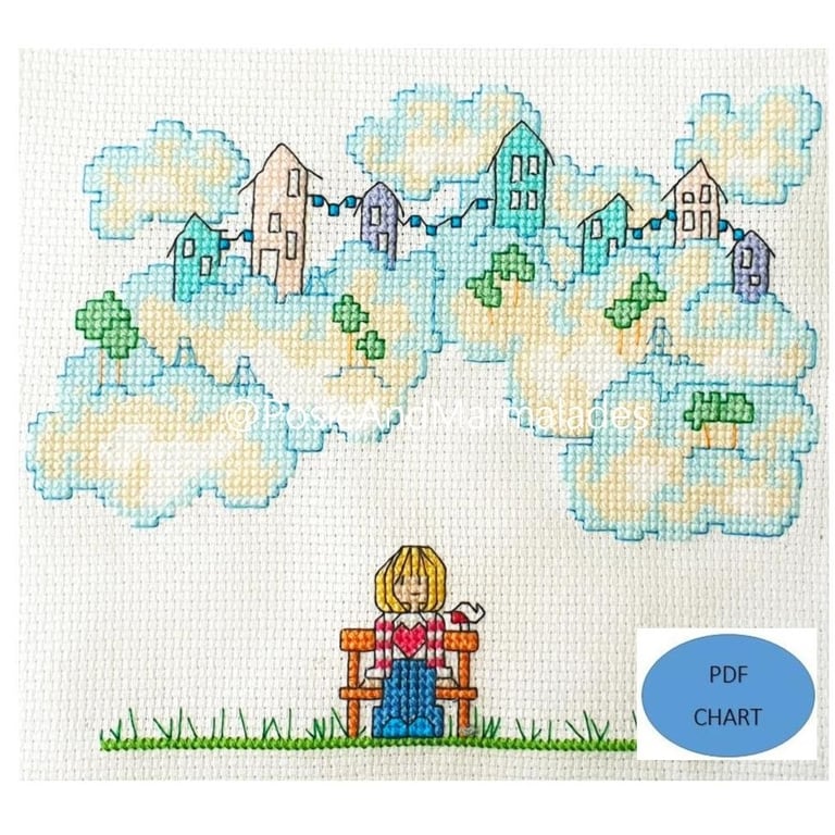 Clouds and sky theme Cross Stitch design titled 'Hello' digital PDF chart