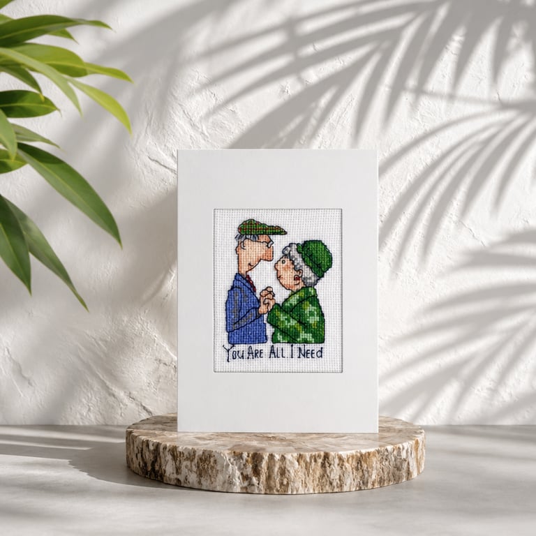 Handmade Cross Stitch Wedding Anniversary Card, Romantic Older Couple Card
