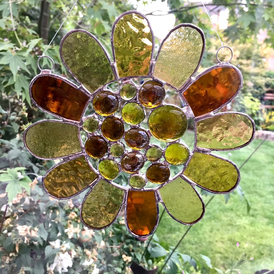 Stained Glass Bead Daisy Suncatcher - Handmade Window Decoration- Amber