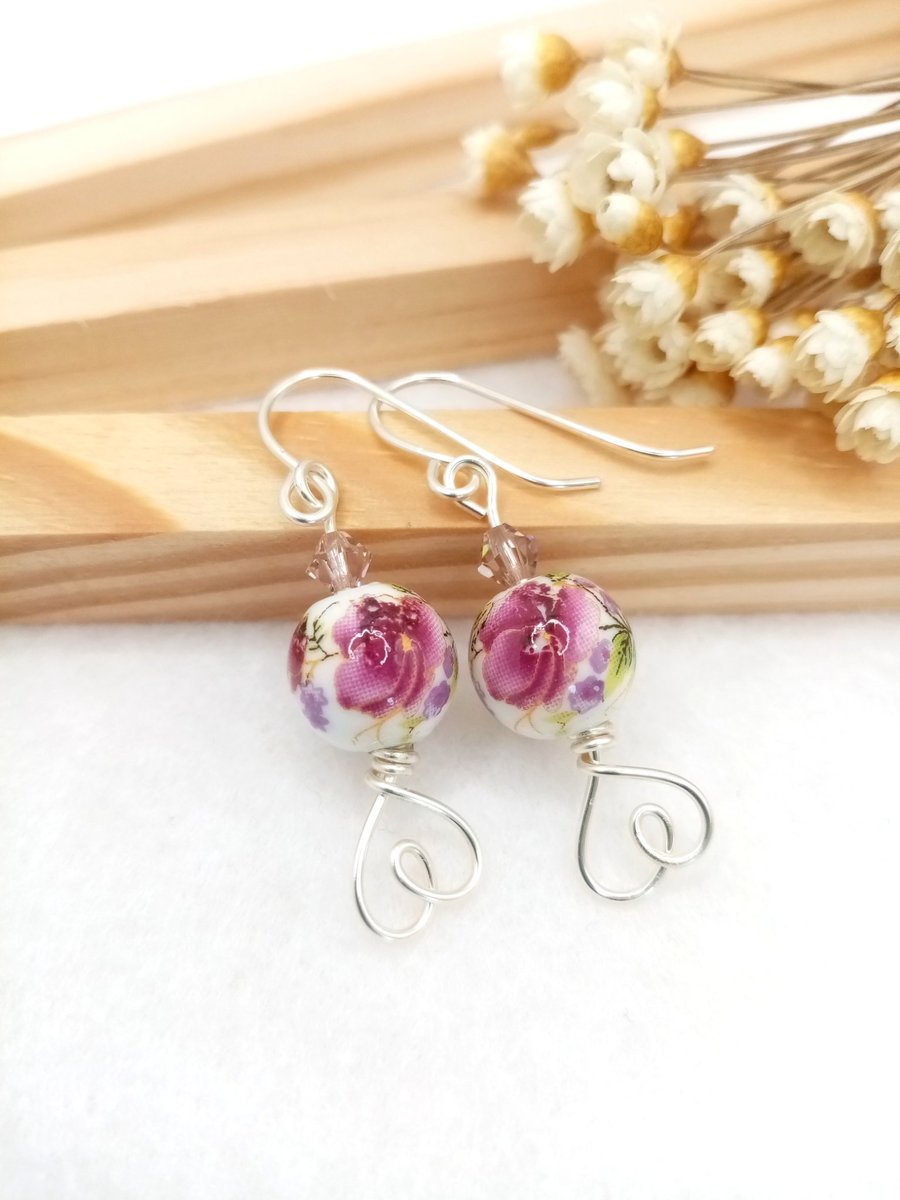 Floral Earrings - Plum Rose Porcelain Drop Earrings - Special Occasion 