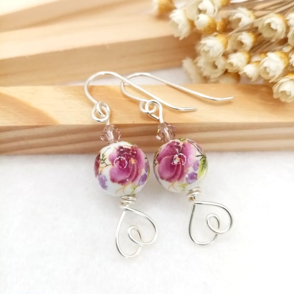 Floral Earrings - Plum Rose Porcelain Drop Earrings - Special Occasion 