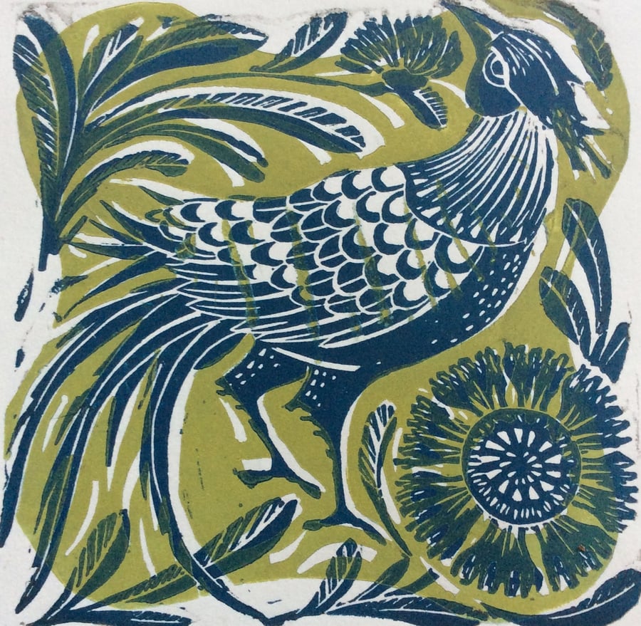  In his finery original linocut print teal and green