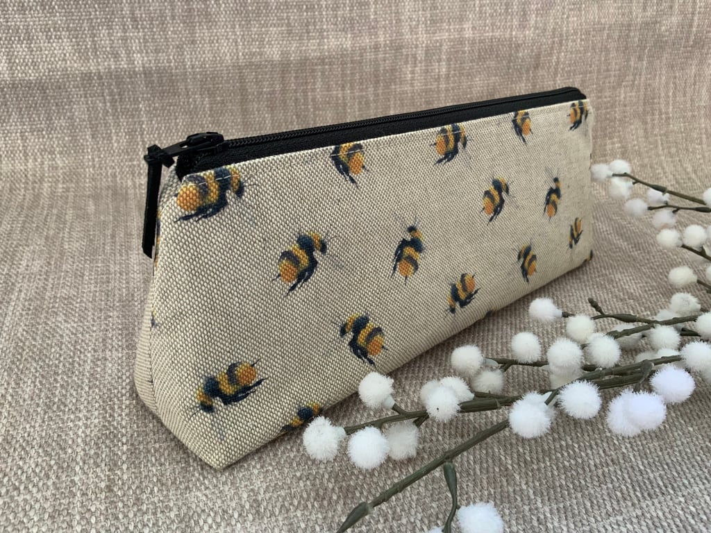 Pencil Case, Brush Case, Cosmetic Bag, Zipped Purse, Bee Fabric