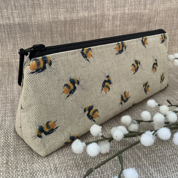 Pencil Case, Brush Case, Cosmetic Bag, Zipped Purse, Bee Fabric
