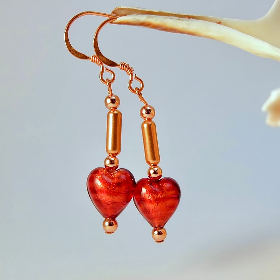 Murano Glass Heart & Copper Earrings, Birthday, Anniversary, Gifts For Her