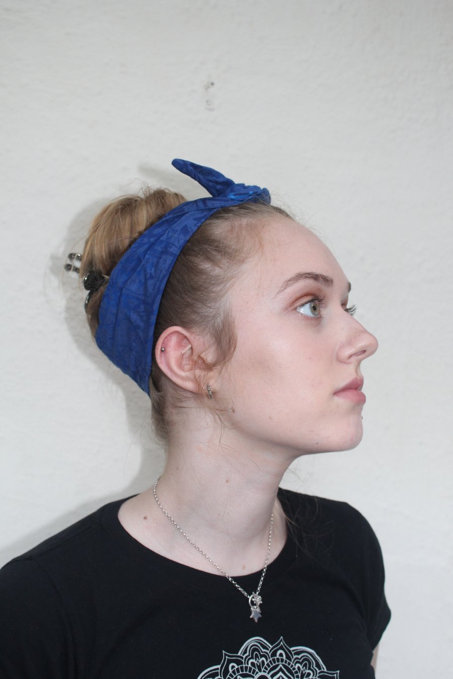 Boho wired head band,hair accessory,wired head bow band, blue geometric print