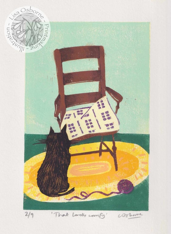 Linocut of cat with chair - limited edition